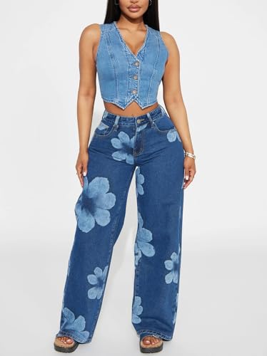 Women's Floral Print Jeans High Waist Wide Leg Vintage Denim Pants Boyfriend Loose Fit Casual Boho Trousers3