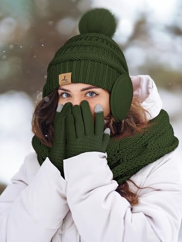 Winter Hat Scarf Gloves and Ear Warmer, Warm Knit Beanie Hat Touch Screen Gloves Set Winter Gifts Neck Scarves for Women