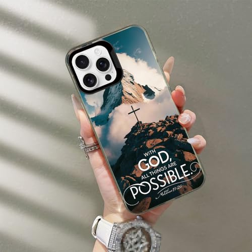 PASLSZOA Jesus Cross Christian Phone Case Compatible with iPhone 15, Matthew19:26 "with God All Things are Possible Bible Verse Mountain Landscape Art Design Shockproof Drop-Proof Protective Cover by PASLSZOA - Used condition - Image 2