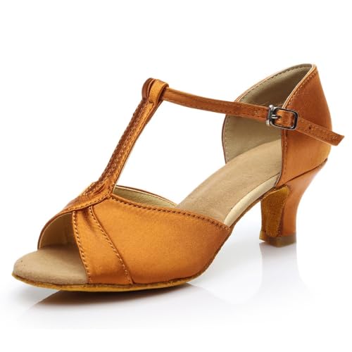 Hixingo Zapatos de Baile Latino Mujer Tacón 5 cm Tango Zapatos de Salsa y Bachata Cómodos Elegante Sandalias para la Práctica y el Rendimiento, Fiesta Carnaval,Estilo 808 (Satén marrón,38)