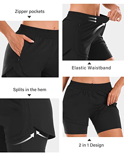Stelle 2303-YR001-BK-M Women 2 In 1 Running Shorts High Waisted Athletic Shorts Gym Workout Shorts thumb #3