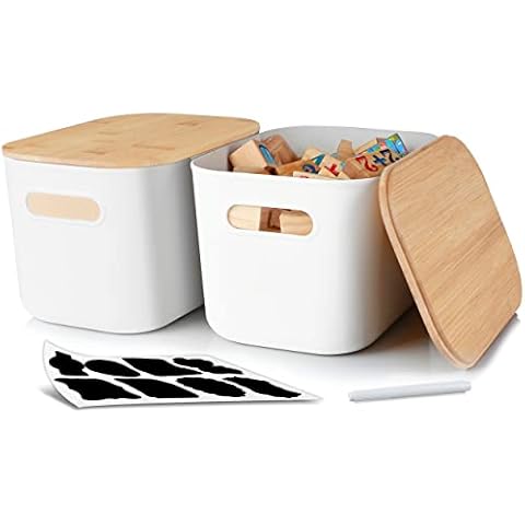 Citylife 2 PCS Storage Bins with Bamboo Lids Plastic Storage Containers for Organizing Stackable Storage Box with Handle, 10.12 x 6.97 x 6.22 inch Cover