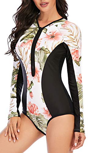 Swimall Women Long Sleeve Bathing Suit One Piece Rash Guard Swimsuit Zipper Front Swimwear Upf 50+(Pink Flower1, Large(8-10)) #TOP2