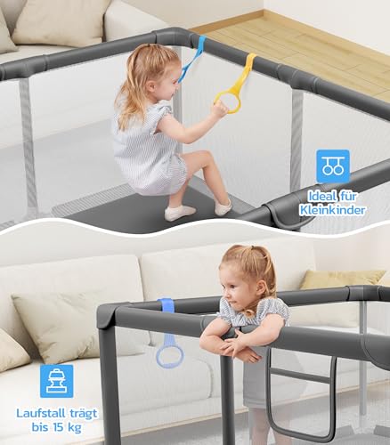 Dripex Laufstall Baby 124x124cm, Laufgitter Baby, Laufstall mit atmungsaktivem Netz, Laufgitter 210D Oxford Gewebe, Playpen, kinderlaufstall, Dunkelgrau