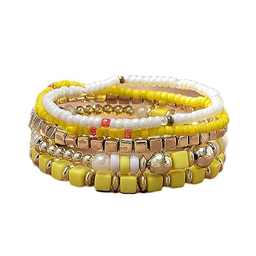 COLORFUL BLING 5Pcs/Set Bohemian Stackable Beads Bracelet for Women Multilayer Boho Seed Statement Stretch Strand Bracelet Friendship Women Jewelry