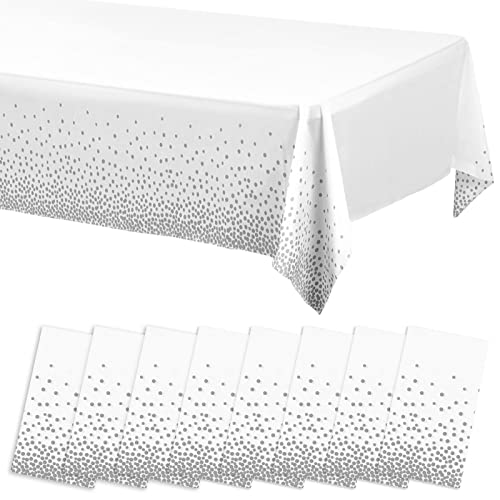 8 Stück Punkt-Tischdecken für rechteckige Tische, 54 "x 108" Silberne Kunststoff-Tischdecken, wasserdichte Einweg-Tischdecken, Konfetti-Tischdecken für Partys, Picknick, Geburtstag, Hochzeit Cover