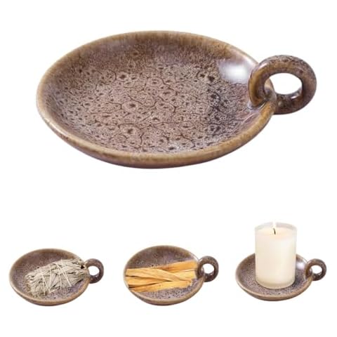 1pack Vintage Ceramic Candle Holders with Handle, Round Farmhouse Ceramic Plate Tray,Sage Holder for Burning,Incense Holder for Meditation Room Home Decor (Khaki) Cover