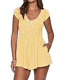 Chunersha Summer Gingham Romper for Women 2025 Dressy Casual Teen Boho Beach Vacation Short Plaid Smocked Flowy Jumpsuit Yellow