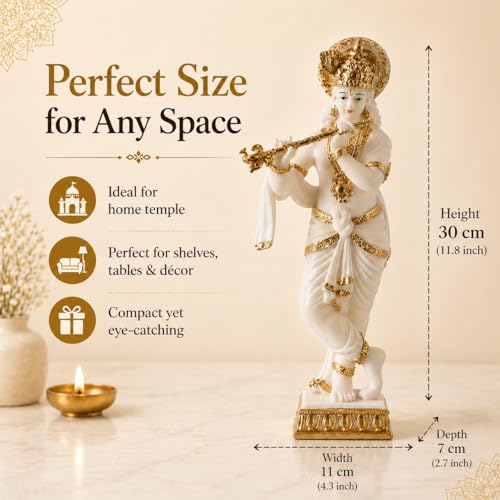 Image of ARMONIA Lord Krishna Idol Marble Dust Statue Murti |Krishana Sculpture for Home Decor,Pooja ghar,Mandir & Gifting Item |Best Gift for Wedding & Housewarming(11.8 inch,White) (Include Microfiber cloth)