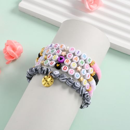 Bpink Bracelet for Women and Men, 5 Pack K-pop Inspired Clay & Natural Stone Handmade Design Friendship Bracelets, Kpop Friendship Bracelets Gift for Fans Party Supplies Dress Decor2