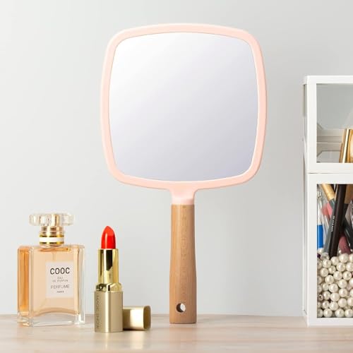 Image of Wood Handle Mirror Square 25x13 cm | Portable HD Grooming & Makeup Mirror | Eco‑Friendly Plastic Frame | Travel & Shaving Handy Mirror (1, Square)