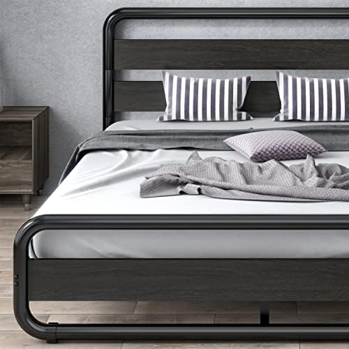 SHA CERLIN Queen Size Metal Bed Frame with Wooden Headboard and Footboard, Heavy Duty Oval-Shaped Platform Bed with Under-Bed Storage, Noise Free, No Box Spring Needed, Black