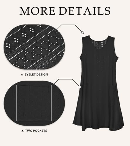 Swimsuit Coverup Summer Dresses for Women Eyelet Casual Loose Sleeveless Sundress with Pockets (Black, M)