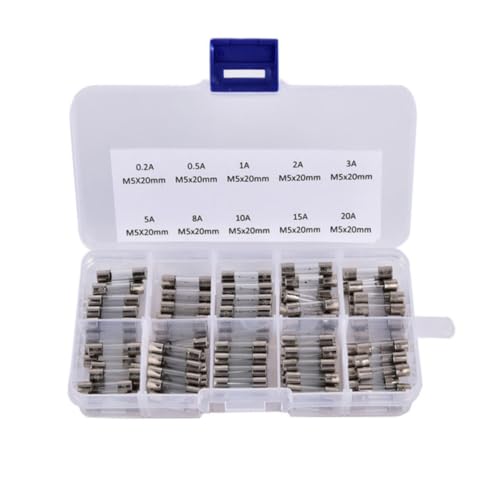 Garneck kit de fusibles tubo de vidrio 5x20mm 100 piezas con 10 valores de amperaje 0.2a-20a acción rápida para electrodomésticos y electrónicos en caja de plástico