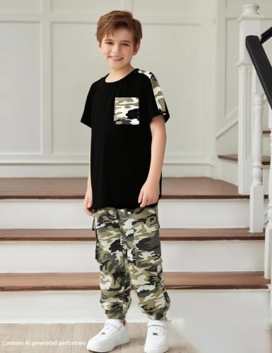 Image of mksodopy Boys Clothes Outfits Set, Camo Cargo Pants and Short Sleeve Pocket Tee 2PC Summer Tracksuit for Kids 5-16Y
