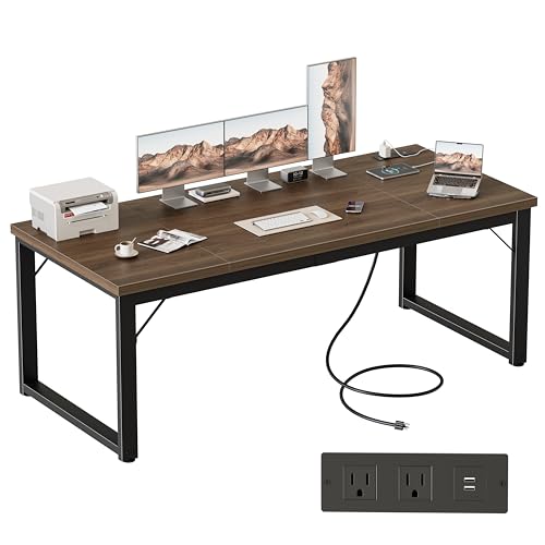 Image of Mericonia 63 Inch Computer Desk with Power Outlets, 1.2 inch Thick Office Table