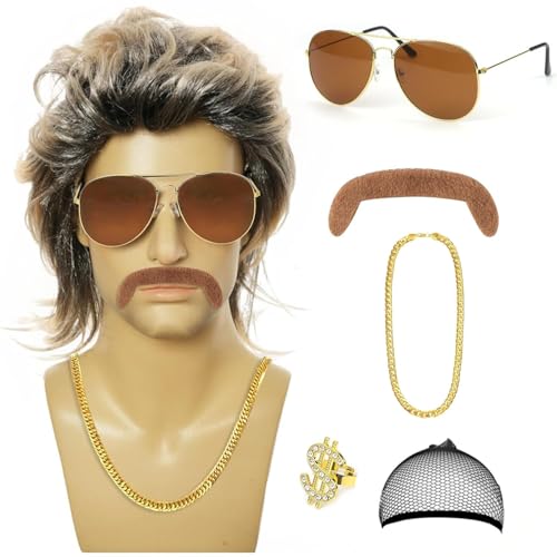 MIVORA Mulet Homme Annee 70 80 Deguisement Disco Homme avec Moustache, Collier, Bague et Lunettes de Soleil pour Cosplay, Halloween, Fêtes Costumées