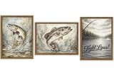 QEZWK Fishing Wall Art Set of 3 Framed 12x16, Vintage Bass & Trout Fish Canvas Prints with Tight Lines Quote, Rustic Lake House Cabin Lodge Decor, Large Man Cave Wall Decor, Gift for Fisherman Dad
