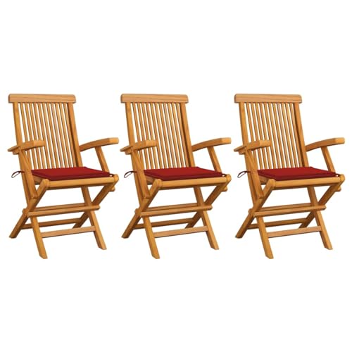 Xichuzi Sillas de jardín 3 uds con Cojines, Silla para Exteriores, Silla De Playa, Mueble De Jardin, Sillas Terraza, Sillas Terraza Exterior, Rojos Madera de Teca