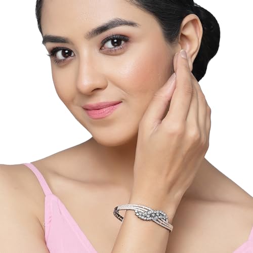 Image of ZENEME Rhodium-Plated Silver Toned American Diamond Studded Contemporary Kada Bracelet For Girls and Women