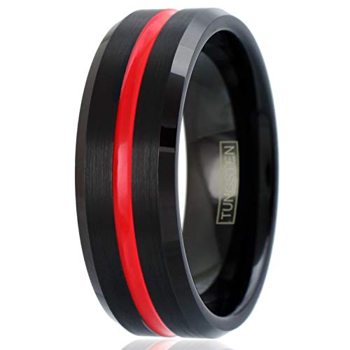 King's Cross Awesome 6mm/8mm Black Brushed Finish Tungsten Carbide Band Ring w/Fire Engine