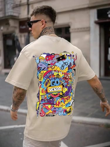 Image of Veirdo Oversized Baggy Fit Pure Cotton Drop Shoulder Half Sleeve & Aesthetic Black & Lilac Back Doodle & Tiger Graphic Printed Round Neck T-Shirt for Men