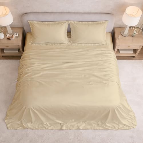 Image of Filbert Satin Bedsheet with 2 Pillow Covers | 92x108 in |300 TC | Midnight Luxe Satin Dreams Collection for Double Bed King Size | UltraSatin Premium Bedding Set | Beige