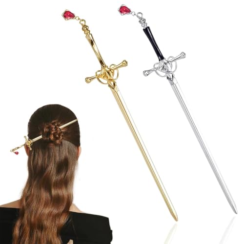 Image of Hair Stick for Bun, Chinese Hair Pin for Elegant Hairstyles, Sword Hair Pin for Weddings and Parties, 2PCS Set with Red Crystals in Golden and Silvery Finish