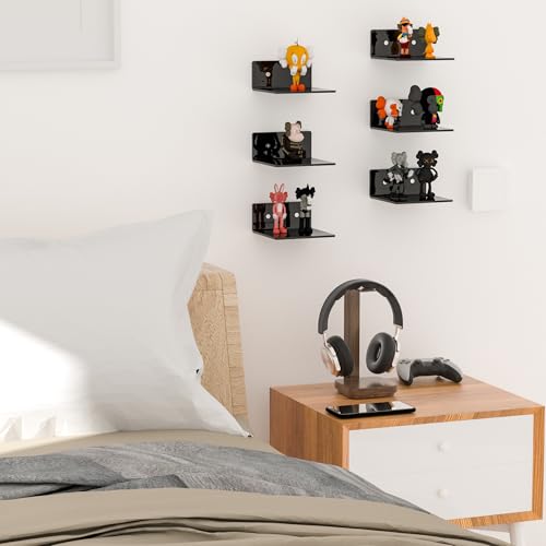 Image of 6 Inches Small Black Wall Shelves, Moisture-Proof, Space Saver, Wall Mounted Display Shelf Rack for Bedroom, Living Room, Kitchen, Dining Room, Bathroom, 4 Pack