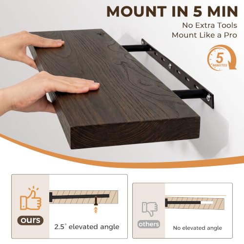 Image of Elm Floating Shelves for Wall - 24 in Rustic Solid Wood Shelves with Heavy-Duty Invisible Bracket, Wall-Mounted Wooden Shelf for Living Room, Bathroom, Kitchen Storage & Display, Set of 2, Walnut