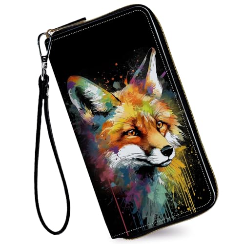 Image of Women's Wallets,Credit Card Holder Money Leather Long Wallet with Wristlet,Large Capacity with Zip-Around Phone Purse for Women Ladies Girls,Colorful Fox