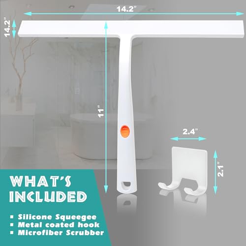 Image of Squeegee for Shower Door 14 Inch Wide Blade, 11 Inch Short Handle One-Piece Silicone with Stainless Steel Core, Non-Slip Grip Window Squeegee for Bathroom Mirror Car Windshield, Aluminum Hook (White)