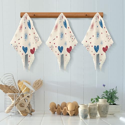 Image of Cotton Kitchen Dish Cloths, Blue Hearts with Fireworks Pattern Ultra Soft Absorbent Quick Drying Dish Towels, 11 x 11 Inches, 6-Pack, Reusable Cleaning Cloths