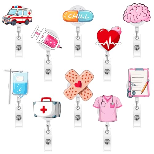 BOUBONI 10 Pcs Funny Nurse Badge Reel Cute Retractable Badge Holders for Doctor Nurses Student Office Supplies