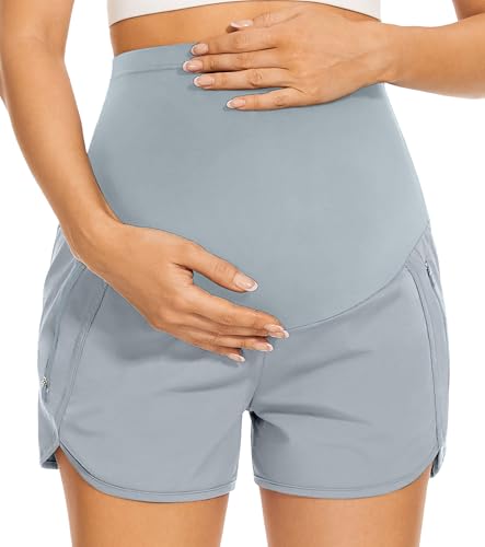 Image of PACBREEZE Women's Maternity Shorts Over Belly Quick Dry Workout Athletic Running Shorts with Zipper Pockets