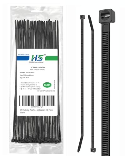 Image of HS 14 Inch Plastic Wire Zip Ties UV Resistant for Fencing Camping Outdoor Purpose 100pcs,50 LBS Strength Heavy Duty Long Cable Tie Wraps 14 inch Black