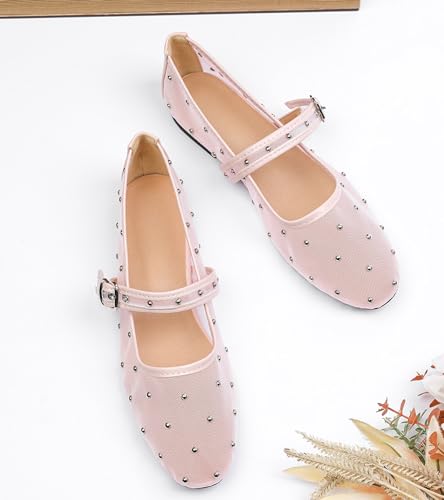 Image of Mesh Ballet Flats Shoes for Women Comfortable Studded Mary Jane Shoes Ballerina Buckle Strap Business Office Work Dress Shoes