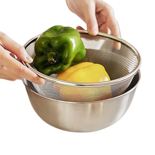 Juego de colador de acero inoxidable, cesta coladora de malla de 7.48 x 3.15 pulgadas para tazón de mezcla con fácil drenaje, lavadora de arroz para pasta, frutas, verduras, plata, uso en cocina