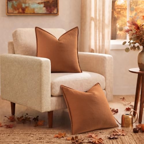 Image of decorUhome Fall Light Rust Linen Throw Pillow Covers 22x22 Set of 2