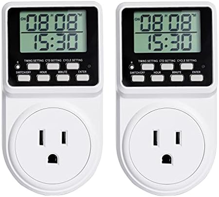 Techbee Indoor Digital Infinite Repeat Cycle Intermittent Outlet Timer Plug 24 Hour Programmable Timed Electrical Power Switch with Countdown Delay on Off Function for Lights and Appliances (2 Pack)