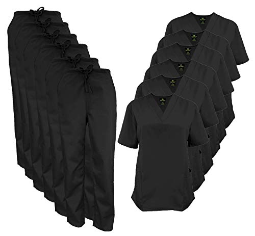 Natural Uniforms Women's Scrub Set Medical Scrub Tops and Pants - Pack of 6 Set (Large, Black)