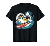 Funny Surfing Duck vs Shark Ocean Wave Surfboard Cool Surf T-Shirt
