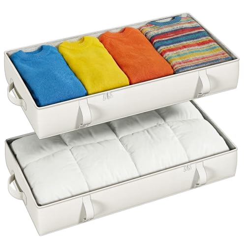 Under-Bed Storage Bins, 2-Pack 6-Inch Tall with Handles (Beige) by TidyCorner