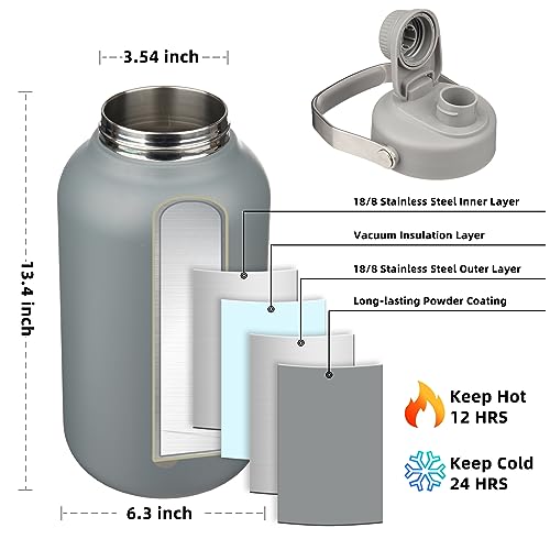 Image of BJPKPK 1 Gallon Water Bottle Insulated, Dishwasher Safe 128oz Large Water Jug with Metal Handle & BPA Free Spout Lid, Stainless Steel Metal Jug for Gym, Sports & Hiking, Grey