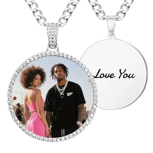 Circle Chain Picture Necklace Personalized Photo Custom Chain for Men Women with Oversized Pendant Cubic Zirconia Hip Hop Jewelry for Friends Lovers Birthday Gifts