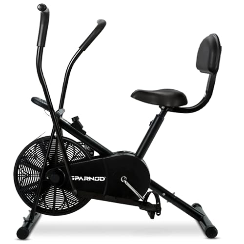 SPARNOD FITNESS SAB-05 Air Bike Exercise Cycle for Home Gym | Dual Action Stationary Bike for Full Body Workout | Adjustable Cushioned Seat with Backrest | Moving Handles & Anti-Skid Pedals | Maximum User Weight - 120 kg