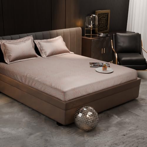 Image of Stoa Paris 300TC UltraSatin Double Fitted Bedsheet Set with 2 Pillow Covers, Gentle on Skin & Hair, Wrinkle & Fade Resistant, Home Decor, Gift for Couple, Starlit Night - Champagne (152cmx198cm+30cm)