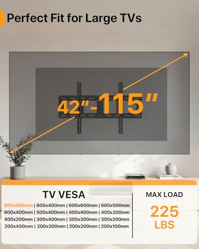 Image of Perlegear Heavy Duty Fixed TV Wall Mount for 42 inch-115 inch TVs up to 225 lbs, Low Profile TV Mount Fits 16 inch, 24 inch, 32 inch Studs, One-Piece Bracket with Magnetic Pull Tabs, Max VESA 800x600mm