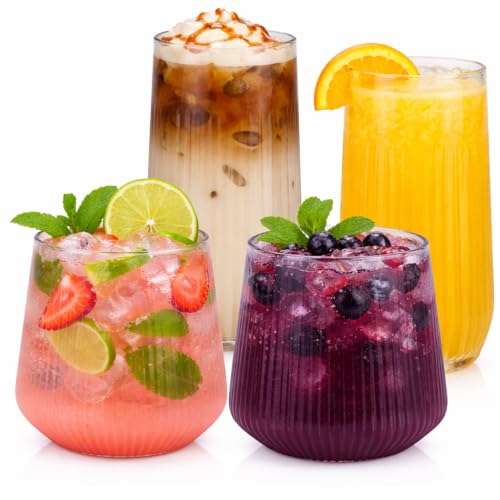 Oojami 48 Pack Ribbed Origami Ripple Plastic Glasses, 24 Stemless 9oz Champagne Flutes & 24 12oz Cups - Reusable BPA-Free Shatterproof Disposable Drinkware for Wedding Party Bar (Clear)