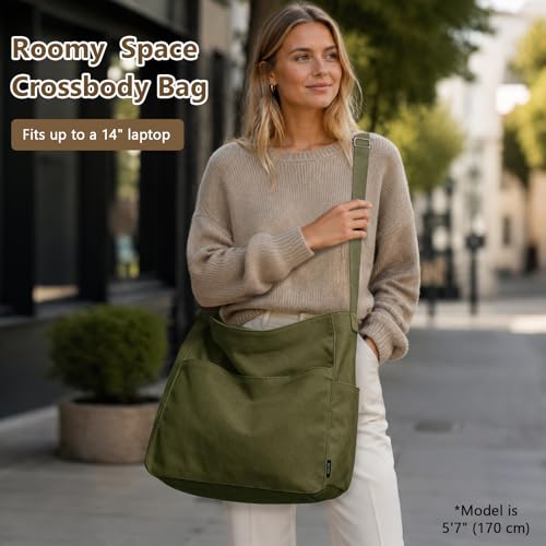 Image of KALIDI Canvas Tote Bag Zipper Large Crossbody Shoulder Bag Messenger Bag | Hobo Purse Cross Body Handbag for Women or Men Casual College Work Travel Daily Commuting Everyday
